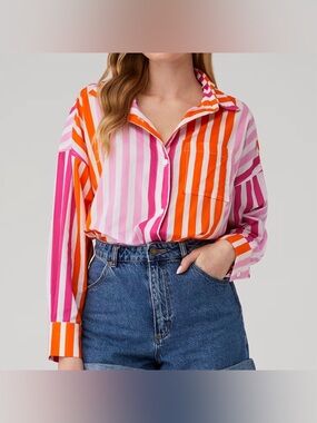 NWOT Beach Riot Alexa Striped Button Down Top in Sunset Stripes